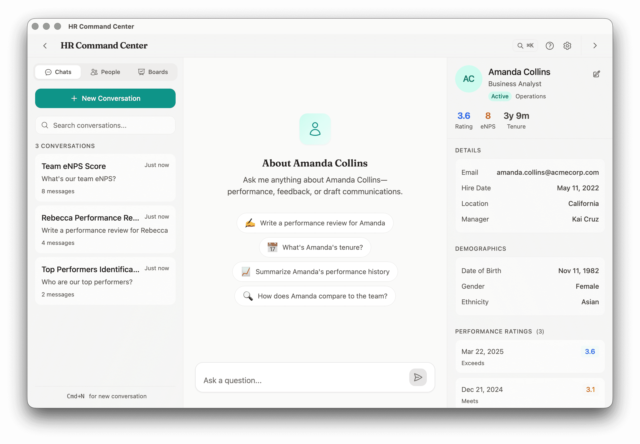 People Partner — AI-powered HR assistant showing employee context and conversation